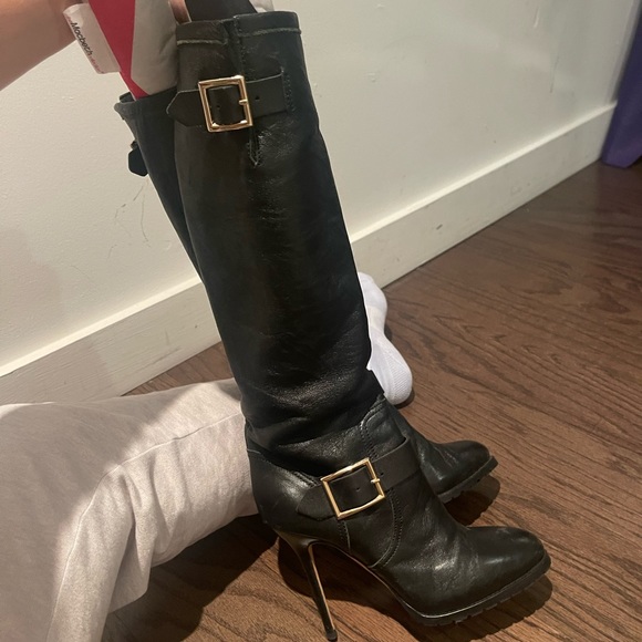 Jimmy Choo Black Biker Distressed Leather
Unlined Knee Length Boots - Picture 4 of 8